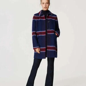 Loft Blue Red Plaid Stripe Wool Coat X-Small